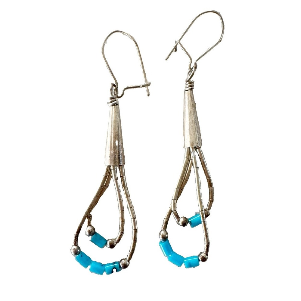 Navajo Sterling Liquid Silver Multi Strand Cone Loop Beaded Earrings Dangle Boho